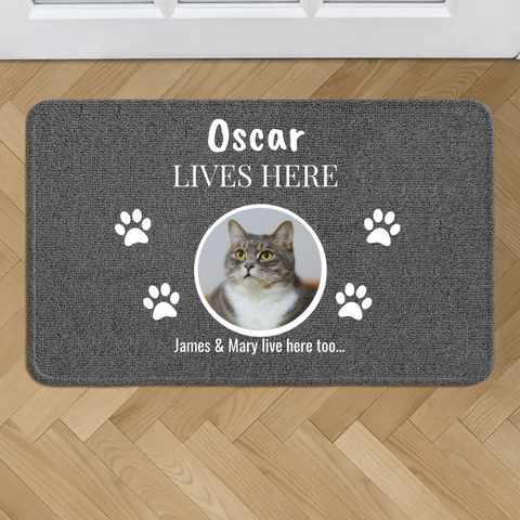 Personalized Doormat With Dog or Cat - Here Lives - Featured Image